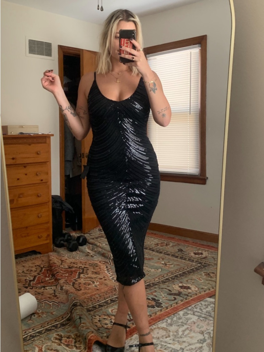 Lulu's Black Sequin Ruched V-Neck Midi Dress - Picture 4 of 6